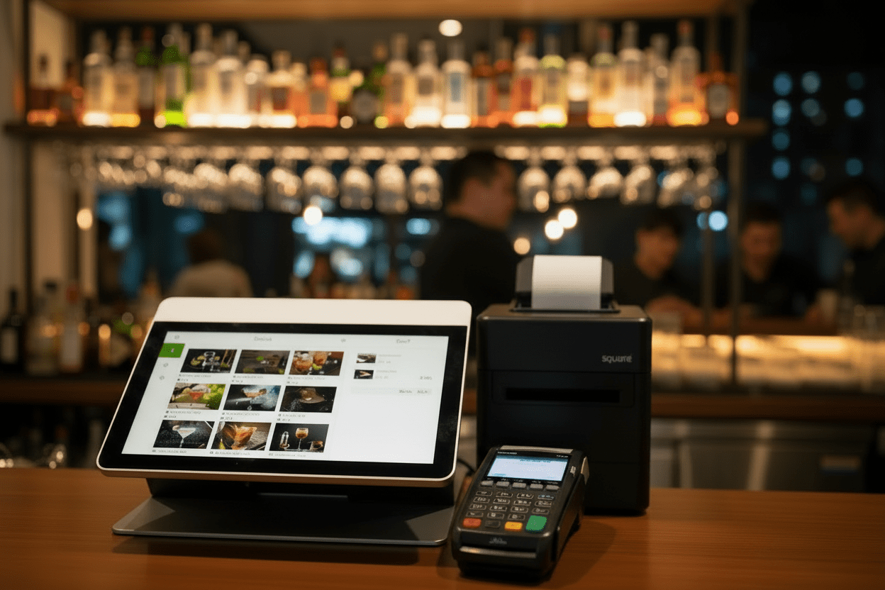 Kassensystem mit Terminal und Drucker an der Bar